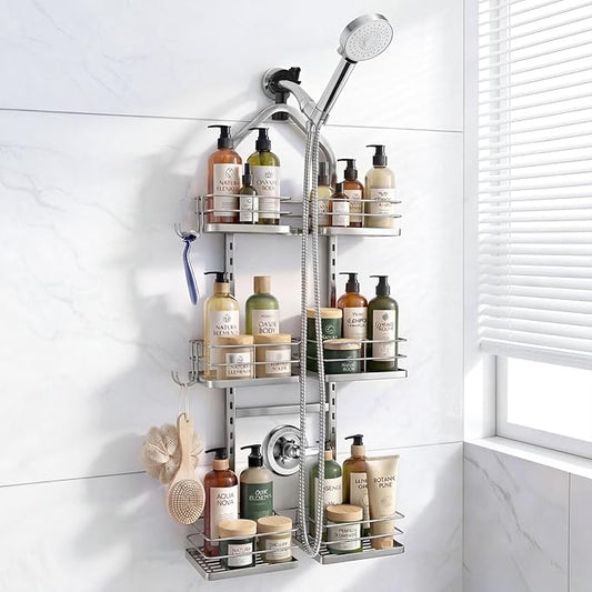Adjustable Hanging Shower Caddy for Handheld Showerhead, 3-Tier Rustproof Shower Rack Baskets, Anti-Swing Hanging Shower Organizer for Bathroom Storage with 2 S-Hooks, Large Capacity, Silver