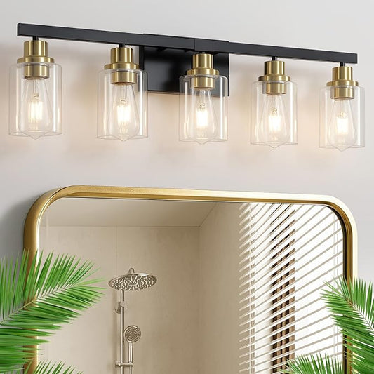5-Light Black and Gold Bathroom Vanity Light, 30" Modern Vanity Lighting Fixture, Bathroom Light Fixtures, Wall Sconces with Clear Glass Shade, Black Bathroom Wall Light Over Mirror