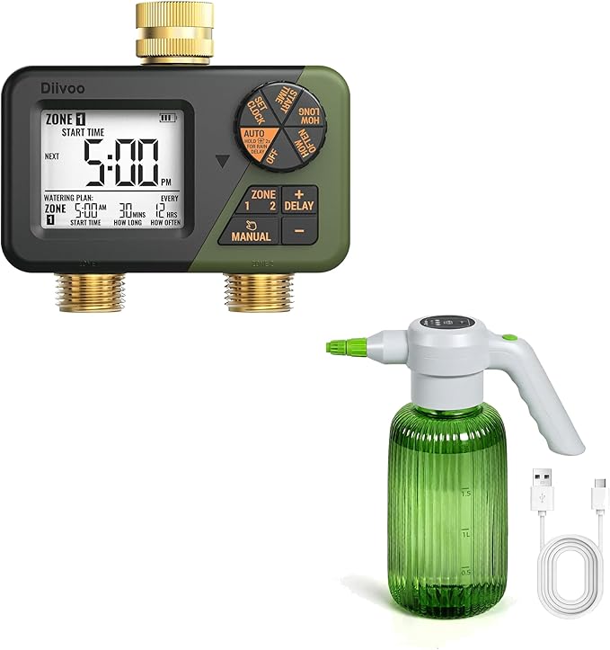 Brass Sprinkler Timer 2 Zone & Diivoo Electric Spray Bottle 2L/0.5 Gallon Bundle