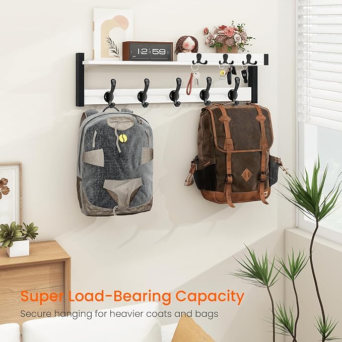 Homode Coat Rack Wall Mount, 29" Modern Floating Shelf with Key and Mail Holder, Wooden Entryway Hanging Shelf with Hooks and Storage for Hat Towel Jacket Purse Backpack Dog Leash, White