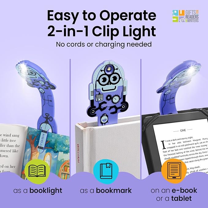 Gifts for Readers & Writers Book Light for Kids, Clip On Reading Light for Bed, 2in1 Flexilight Pals & Bookmark, Small & Lightweight with a Soft Glow, 2 Batteries Included, Robot Purple