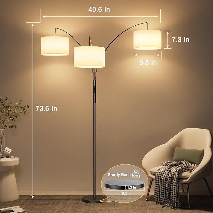36W Dimmable Floor Lamp - 3 Lights Arc Floor Lamps Standing Lamp with Remote & Touch Control, Tall Lamp for Living Room Corner, Bedroom, Office