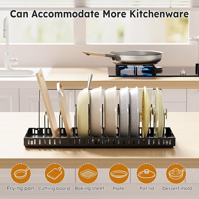 Pull-out Pots and Pans Organizer Under Cabinet - 2 Pack Expandable Pot and Pan Organizer Rack with 10 Adjustable Dividers for Pot, Cutting Board, Dishes, Lid, Baking Tray