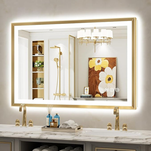 48x32 Gold Framed LED Bathroom Mirror with Lights, Backlit and Front Light, Lighted Bathroom Vanity Mirror for Wall Dimmable Anti-Fog Memory Tempered Glass Horizontal/Vertical