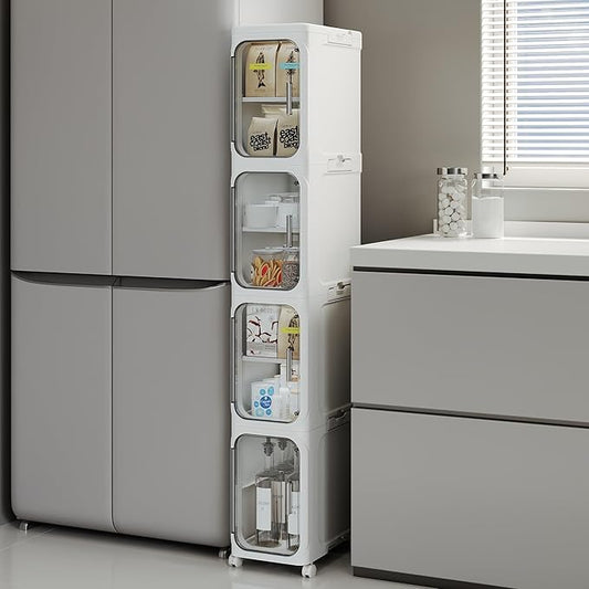 4-Tier Tall Narrow Storage Cabinet, Slim Bathroom Storage Cabinet with Adjustable Shelves and Wheels, Narrow Organizer for Small Space, Bathroom, Kitchen, Laundry, White