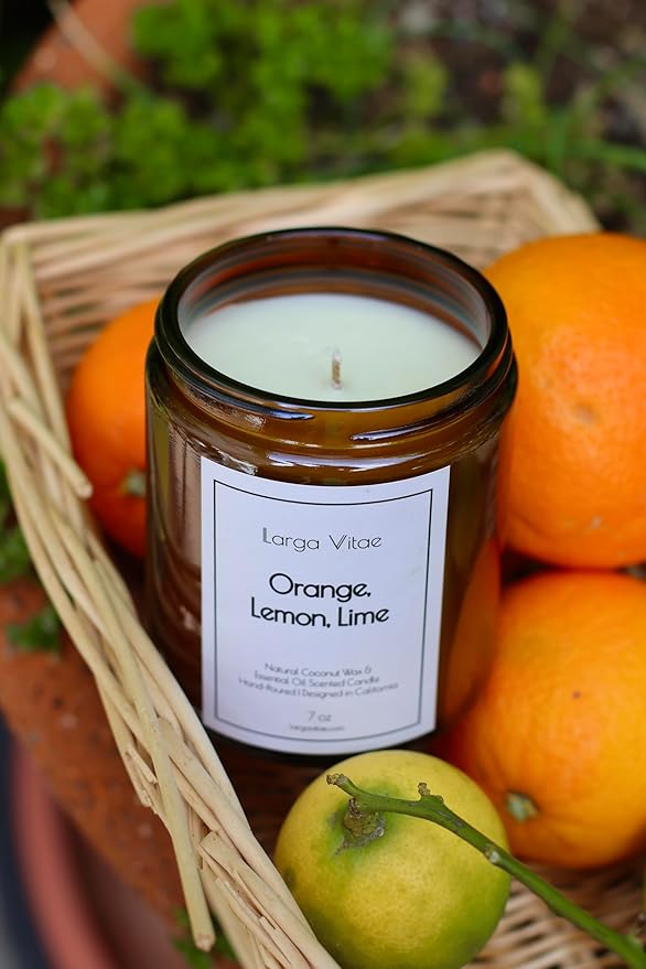 Orange, Lemon, Lime Coconut Wax Candle Non Toxic Aromatherapy Candle with Essential & Prime Rated Natural Fragrance Oils, Clean Burning Amber Jar Candle, 7 oz Small Batch