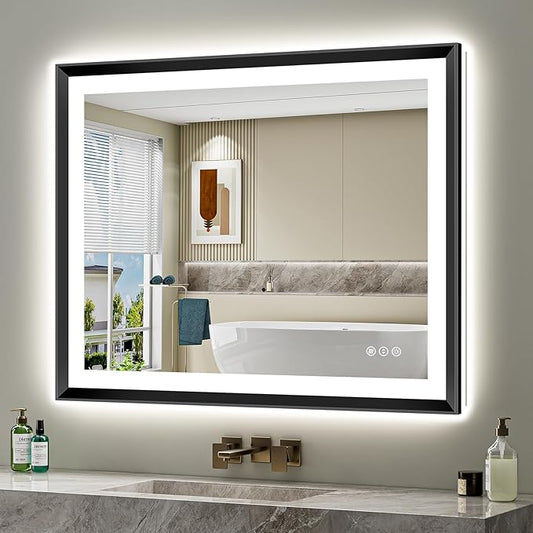 40x32 Black Framed LED Bathroom Mirror with Lights, Backlit and Front Light, Lighted Bathroom Vanity Mirror for Wall Dimmable Anti-Fog Memory Tempered Glass Horizontal/Vertical