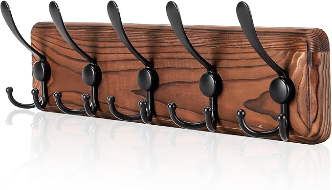 Rustic Wall Mount Coat Rack, Coat Hooks Wall Mount Wood Coat Rack with 5 Triple Hooks, Heavy Duty Wooden Wall Mounted Coat Hanger for Entryway, Farmhouse Hanging Coats, Hats, Bags,Towels