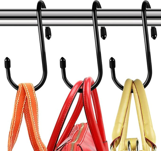 HiGift 12 Pack Purse Hooks for Closet, Non Slip Rubber Coated Closet Rod Hook for Bags, Large Organizer Hooks for Hanging Handbags, Backpacks, Belts, Scraves, Hats, Clothes -Black
