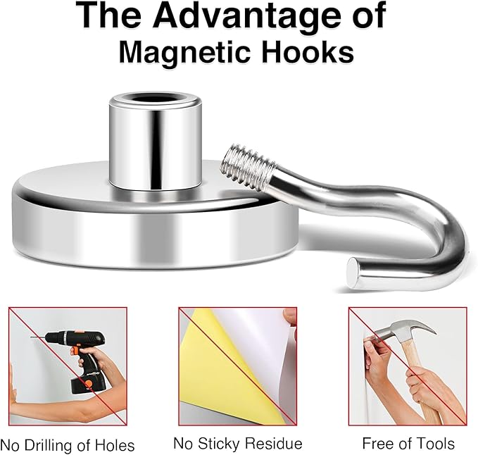 MIKEDE Magnetic Hooks, 85LB+ Heavy Duty Magnetic Hooks Cruise with Epoxy Coating for Refrigerator, Strong Magnet Hooks for Tool Room, Magnetic Metal Hooks for Grill - 8 Pack