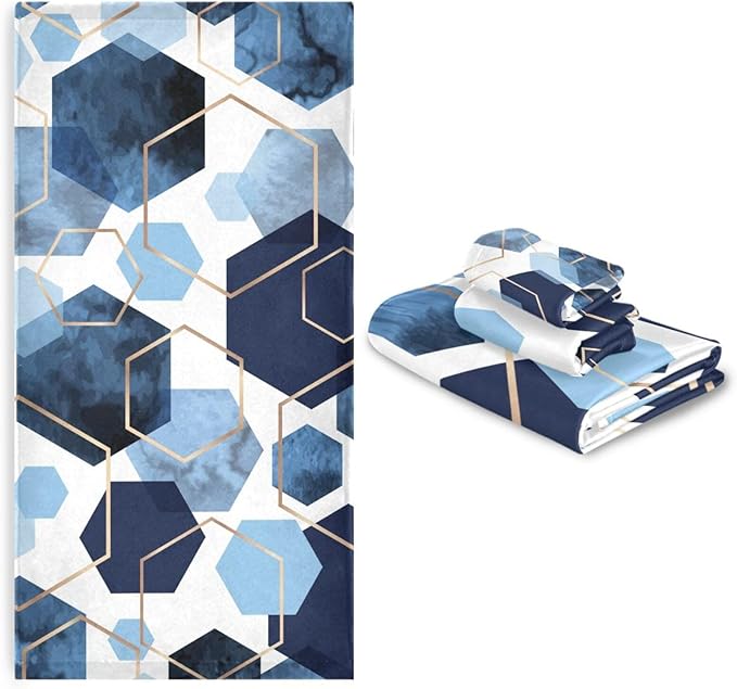Navy Blue Geometric Bath Towels Set,Ultra Soft 3 Piece Modern Art Sky Blue Abstract Towels for Bathroom,1 Bath Towel 1 Hand Towel 1 Washcloth,Absorbent Quick Dry Decoractive Bathroom Towels