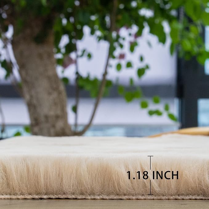Beige Faux Sheepskin Rabbit Fur Shaggy Rugs for Bedroom Small Shag Washable Fluffy Fur Rug for Living Room Rug 2x3 Nursery Rectange Rugs