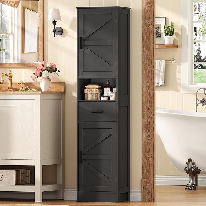 TEENFON Tall Bathroom Storage Cabinet with Barn Doors, Narrow Bathroom Cabinet with Drawer, Narrow Storage Unit, Adjustable Shelves, Floor Cabinets for Living Room, Entryway, Kitchen, Black