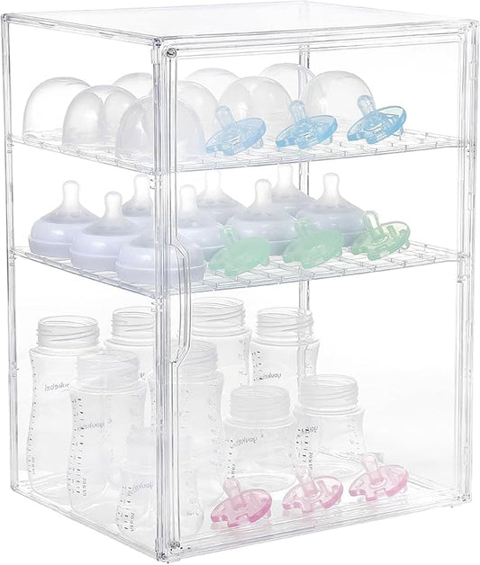 YESGIRL 3-Tier Clear Baby Bottle Organizer,Clear Stackable Acrylic Storage With Drawer for Countertop Cabine Storage Station Case Box Container for Nipples Pump Parts Food Jars