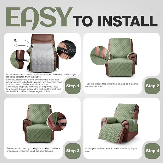 KinCam 100% Waterproof Recliner Chair Cover, Reclining Couch Covers for Pets, Dogs, Recliner Couch Slipcover Furniture Protector with Elastic Straps for Kids(30", Cactus Green)