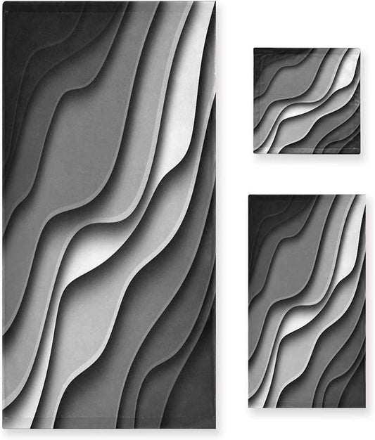 Black and Grey Stripes Bath Towels Set,Ultra Soft 3 Piece Modern Abstract Beach Waves Towels for Bathroom,1 Bath Towel 1 Hand Towel 1 Washcloth,Absorbent Quick Dry Decoractive Bathroom Towels