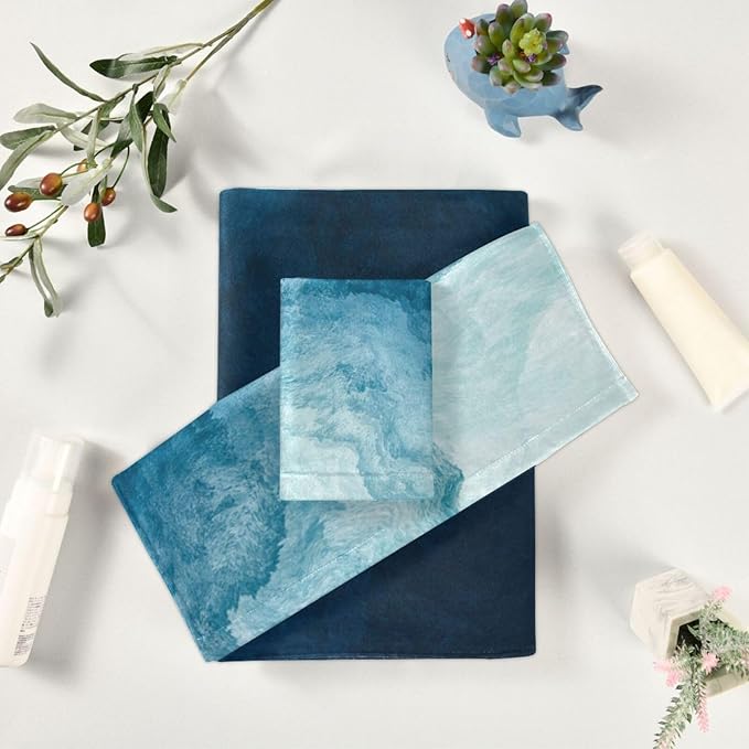 3 Piece Blue Sea Waves Bath Towel Set,Microfiber Modern Abstract Navy Ocean Beach Theme Decorative Guest Bathroom Towels,1 Bath Towel 1 Hand Towel for Bathroom Kitchen,1 Washcloth for Face