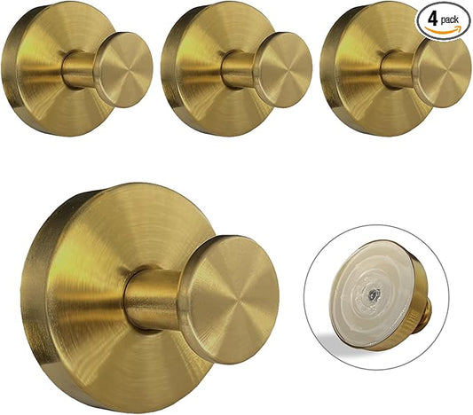 Suction Cup Hooks for Shower - 4 Pack, Gold - Stainless Steel, Strong Suction, No Drill, Removable Hanger, Tile Bathroom Kitchen Wall, Glass Door, Mirror Hook Hanging Robe, Towel Holder