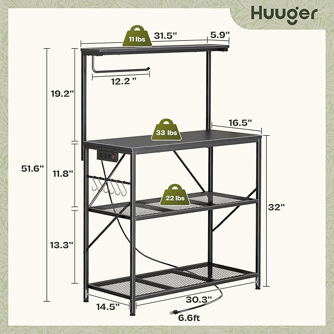 Huuger 4-Tier Bakers Rack with Reversible Power Outlet, 31.5 Inch Microwave Stand with Paper Towel Holder, Kitchen Bar, Larger Storage with Top Shelf, 6 S Hooks, Black
