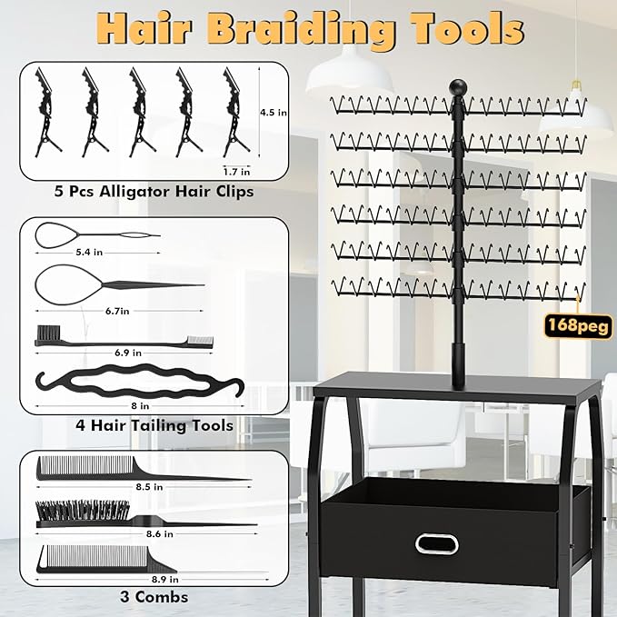 Portable Braiding Hair Rack With Wheels & Storage Drawers,168 Pegs Hair Extension Holder Hanger for Braiding Hair Separator Stand Display,Hair rack with stylist hair braiding tools(black)