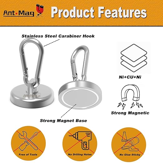 Ant Mag - Carabiner Magnetic Hooks 80LBS MAX Heavy Duty Neodymium Magnet Swivel Snap Hook for Hanging Indoor/Outdoor Grill Kitchen Cabinet Office 4 Pack