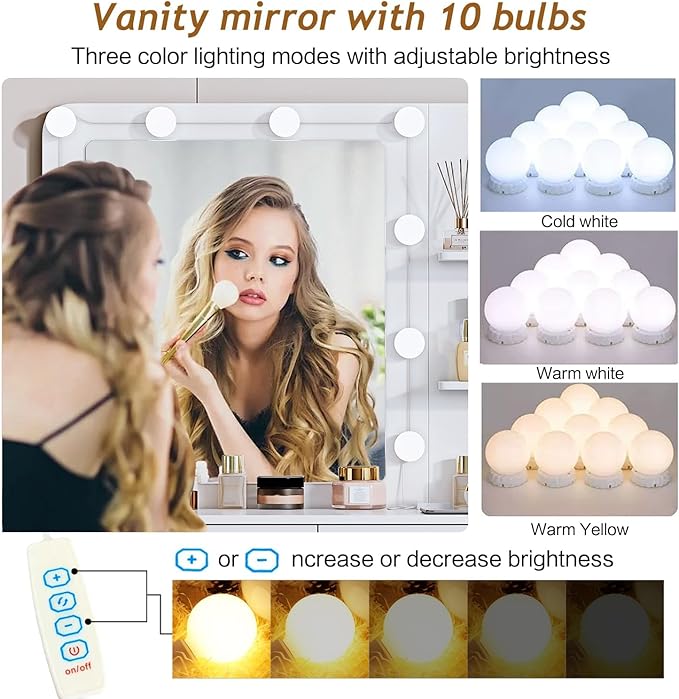 Vanity Desk with Mirror and Lights, with Power Outlet and 10 Lights Modern Capacity Makeup Vanity with 3 Drawers, Makeup Table for Bedroom,Makeup Room,White