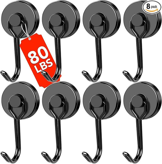 DIYMAG Black Magnetic Hooks, 80LBS Strong Magnetics Hooks Heavy Duty, Magnet Hooks with Metal Hanger for Hanging Refrigerator Home Kitchen Office, 8Pack