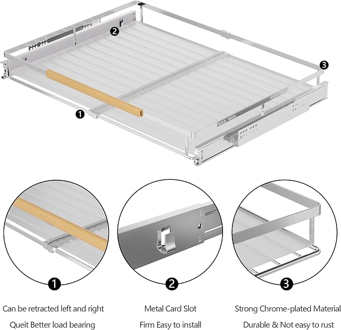 SANNO Expandable Pull Out Cabinet Shelf, Under Sink Slide Out Organizer, Pots Pans Kitchen Organizer Basket Expandable Dish Drying Rack,Stainless Steel Dish Rack Dish Drainer Rack