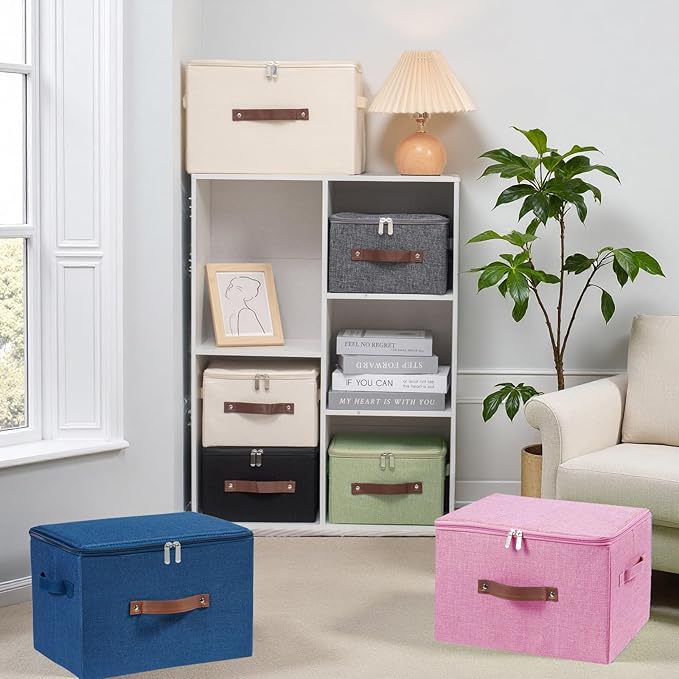 3 Pack Storage Bins with Zipper Lid Fabric Lidded Storage Boxes Baskets Cubes Washable Collapsible PU Leather Handle Cotton Linen Shelves Closet Organizer Container(Pink, Large Size)