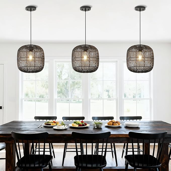 Black Rattan Pendant Light, 11in Rattan Chandelier Hand-Woven Wicker Hanging Lighting Fixtures Boho Pendants Lights for Kitchen Island Dining Room Bedroom Foyer Entrance