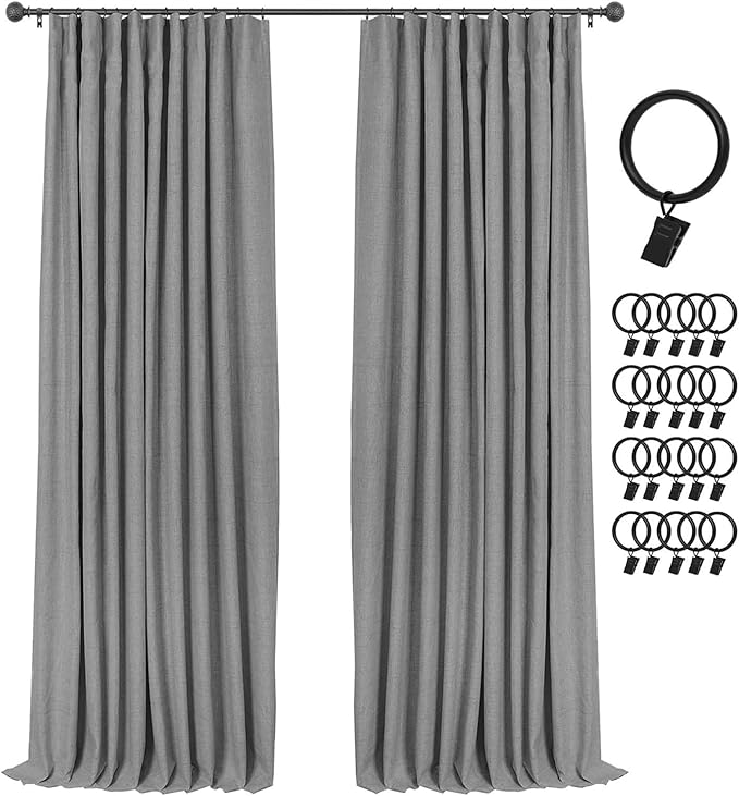 INOVADAY 100% Blackout Curtains for Bedroom, Black Out Curtains 90 Inch Long, Clip Rings Linen Blackout Drapes, Thermal Insulated Room Darkening for Living Room, 2 Panels - Drak Grey,W50xL90