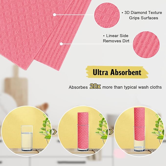 Swedish Dishcloths - 10 Pack Reusable Kitchen Dishcloths - Ultra Absorbent Dish Towels for Washing Dishes - Cellulose Sponge Cloth Cleaning Cloths - Pink