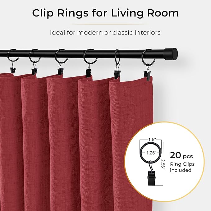 INOVADAY 100% Blackout Curtains for Bedroom, Black Out Curtains 90 Inch Long, Clip Rings Linen Blackout Drapes, Thermal Insulated Room Darkening for Living Room, 2 Panels - Ruby Red,W50xL90