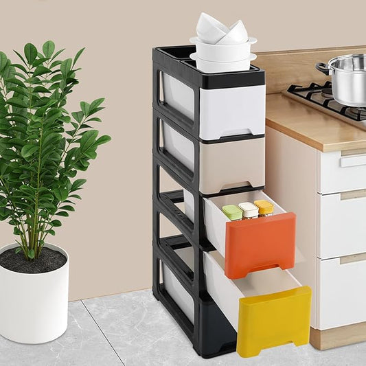 Narrow Plastic Drawers Cabinet, Multi-functional Plastic Tower Organizer with Wheels for Small Space Bathroom Bedroom Kitchen Offices Dormitory, 7 * 15 * 33in (Colorful A)
