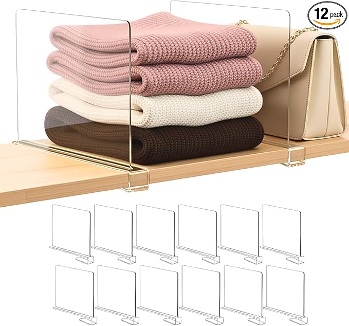 Shelf Dividers Purse Organizer for Closet: 12-Pack Acrylic Bag Storage Organizer for Handbags, Clutches, Clothes, Sweater, Towel on Wood Shelves