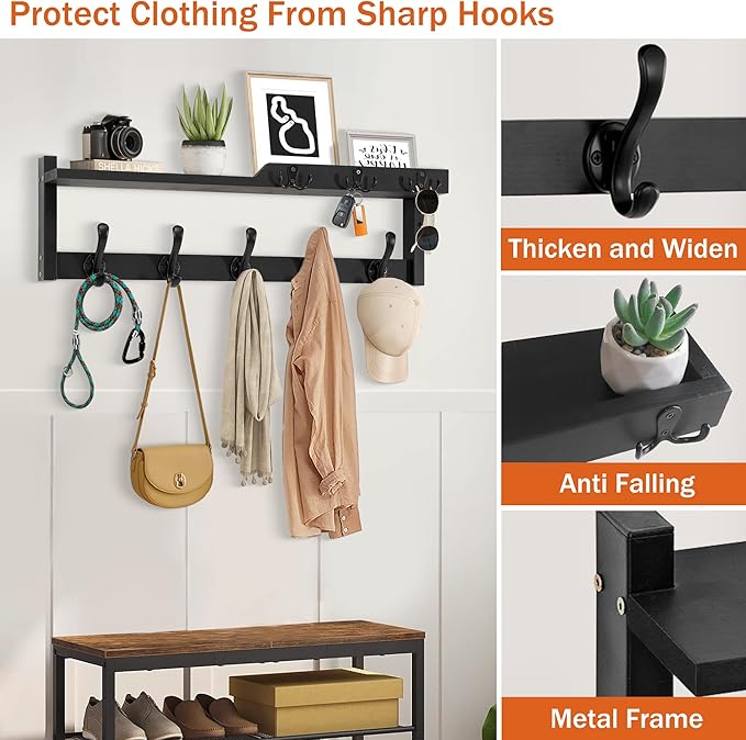 4 in 1 Coat Rack Wall Mount with Shelf, Coat Hooks 25.2" Entryway Coat Hanger with Key Hooks and Mail Holder, Wall Hooks with Shelf, Hat Rack for Wall Key Holder Mail Organizer