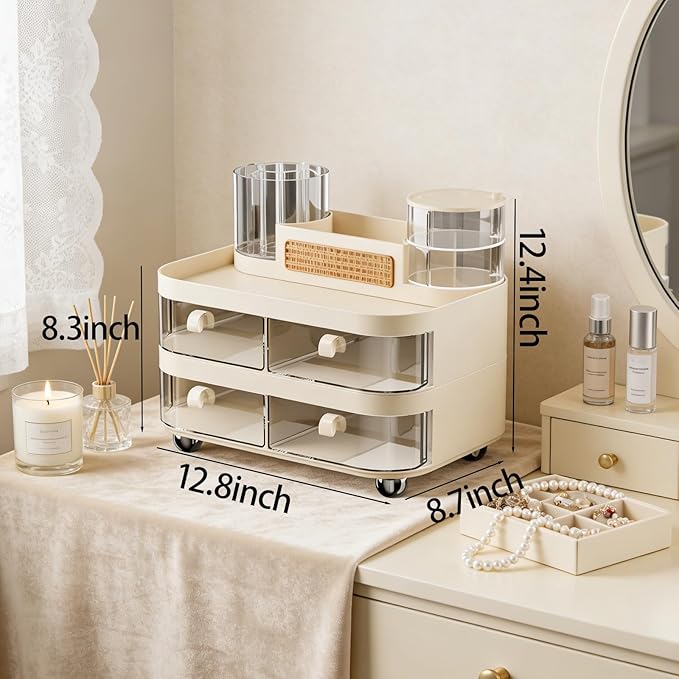 Large Rotating Makeup Organizer with Drawers, 3 Tier Skincare Storage Tower for Vanity, Bathroom Countertop Cosmetic Display Case with Brush Holder & Handle