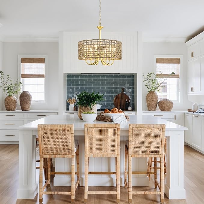 Boho Hand Woven Rattan Chandelier 6 Lights Farmhouse Golden Chandelier, 17.7'' Coastal Drum Wicker Chandeliers for Dining Room Kitchen Living Room Entryway Bedroom