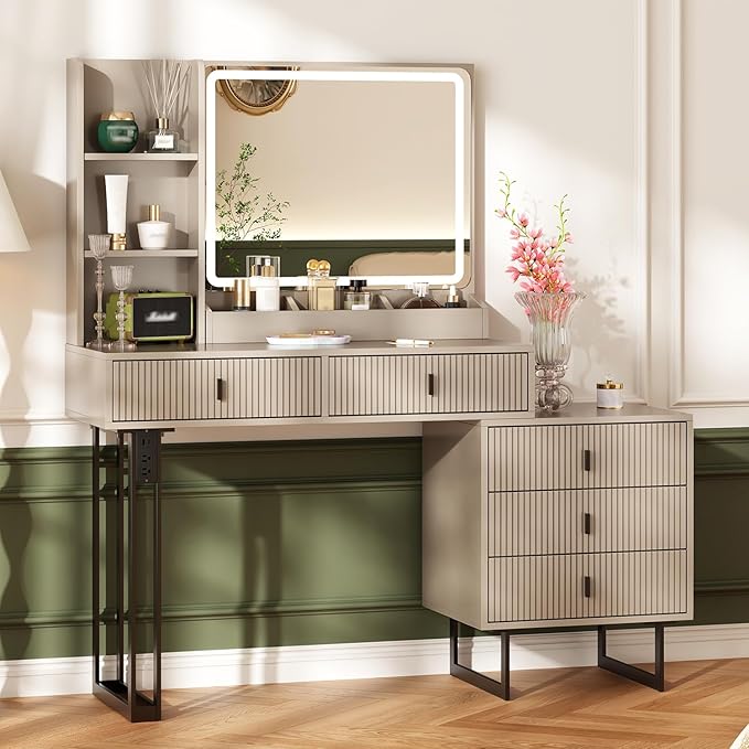 Large Vanity Desk with 3 Color Touch Screen Dimming Mirror, Vanity Desk with Charging Station, Modern Retractable Makeup Dressing Table, Makeup Table With storage shelves and 5 Sliding Drawers, Grey