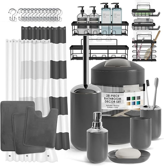 Clara Clark Bathroom Accessories Set - 28PC Bathroom Set with Adhesive Corner Shower Caddy Hanging, Bathroom Sets with Shower Curtain and Rugs, Grey Shower Curtain Set with Bathroom Trash Can