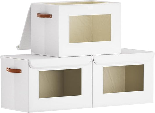 Foldable Storage Bins with Lids, Decorative Storage Boxes with Handles, Closet Organizers for Sock Hat Blanket, 17.7 x 11.8 x 11.8 Inch, White, 3-Pack