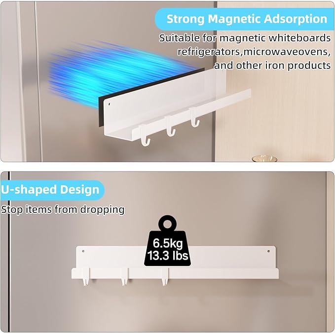 2-Pack Magnetic Book Shelf for Whiteboard - 17 Inch Reusable Metal Magnetic Shelves, Holds 14.33 lbs, Magnetic Book Display for Classrooms, Kitchen(New White)