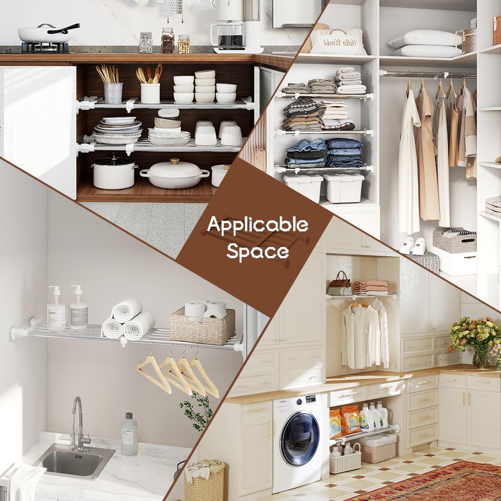 Closet Tension Shelf & Rod — Expandable Adjustable Storage Rack, Metal Organizer DIY Divider for Cabinet, Wardrobe, Kitchen & Bathroom