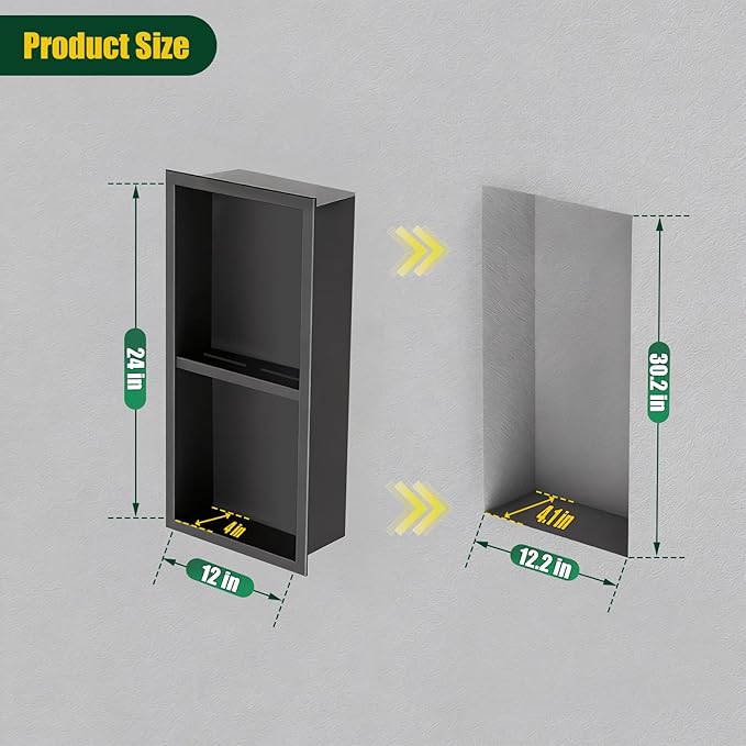 EasyVibe Matte Black 304 Stainless Steel Shower Niche 24 x 12 Inch, No Tile Needed Double Shelf Recessed Shower Wall Insert, Waterproof Bathroom Organizer for Toiletries & Storage