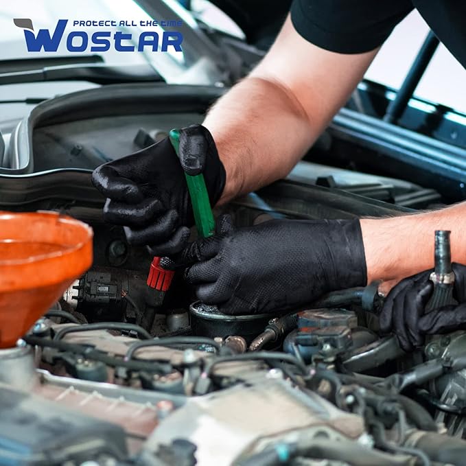 Wostar Black Nitrile Industrial Gloves Large 8 Mil Raised Diamond Texture Latex & Powder Free Heavy Duty Gloves 100 Count