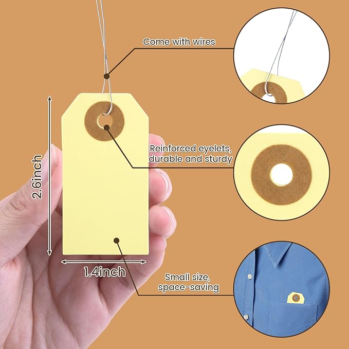 SallyFashion 100 Pack Pricing Tags with String, Blank Labeling Tag with Reinforced Hole and Metal Wire, Manila Hang Tabs for Luggage Clothing Sale Supplies Equipment Parts, Gift Tags(2 3/4" x 1 3/8")
