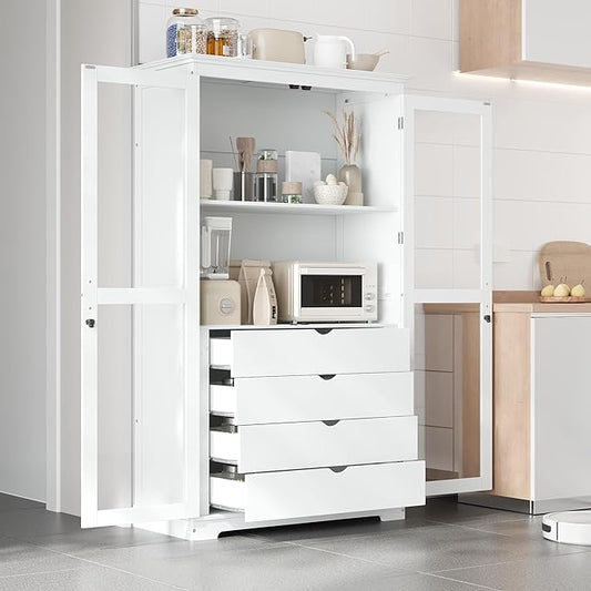 Kitchen Pantry Cabinet 44.7Wx20Dx75H inch, Freestanding Storage Display Cabinets with Glass Doors and 4 Built-in Drawers for Living Room, Home Office,White