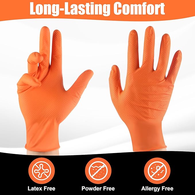 TREEGO 10 Mil Nitrile Gloves XL - Heavy Duty Orange Gloves with Double Diamond Grip, Disposable Mechanic Rubber Gloves, Latex Free Industrial Work Gloves for Garage & Automotive, 50 Count Extra Large