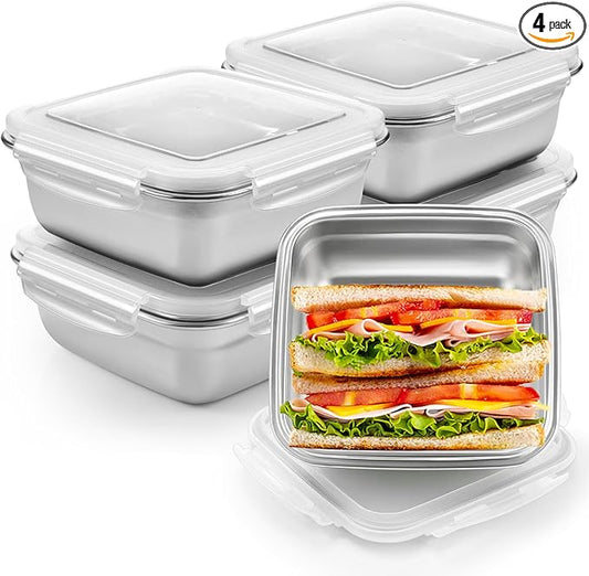 4 Pack Stainless Steel Sandwich Containers with Lids 25.4 oz Metal Food Container for Lunch Boxes with Airtight Silicone Seal for Sandwiches and Snacks(Transparent)
