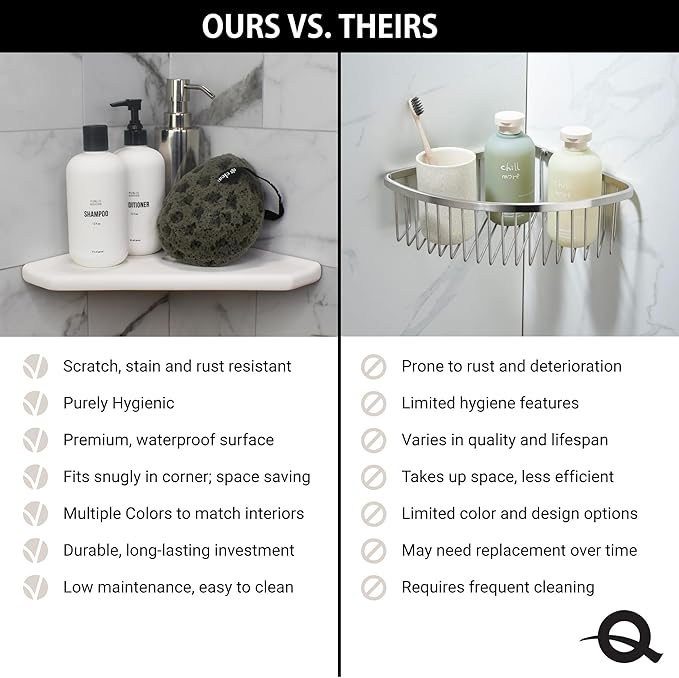Questech 10" Corner Shower Shelf, Retrofit Shower Organizer for Tiled Walls, Corner Caddy Soap Dish Bathroom Storage, Geo Flatback, Bright White Polished